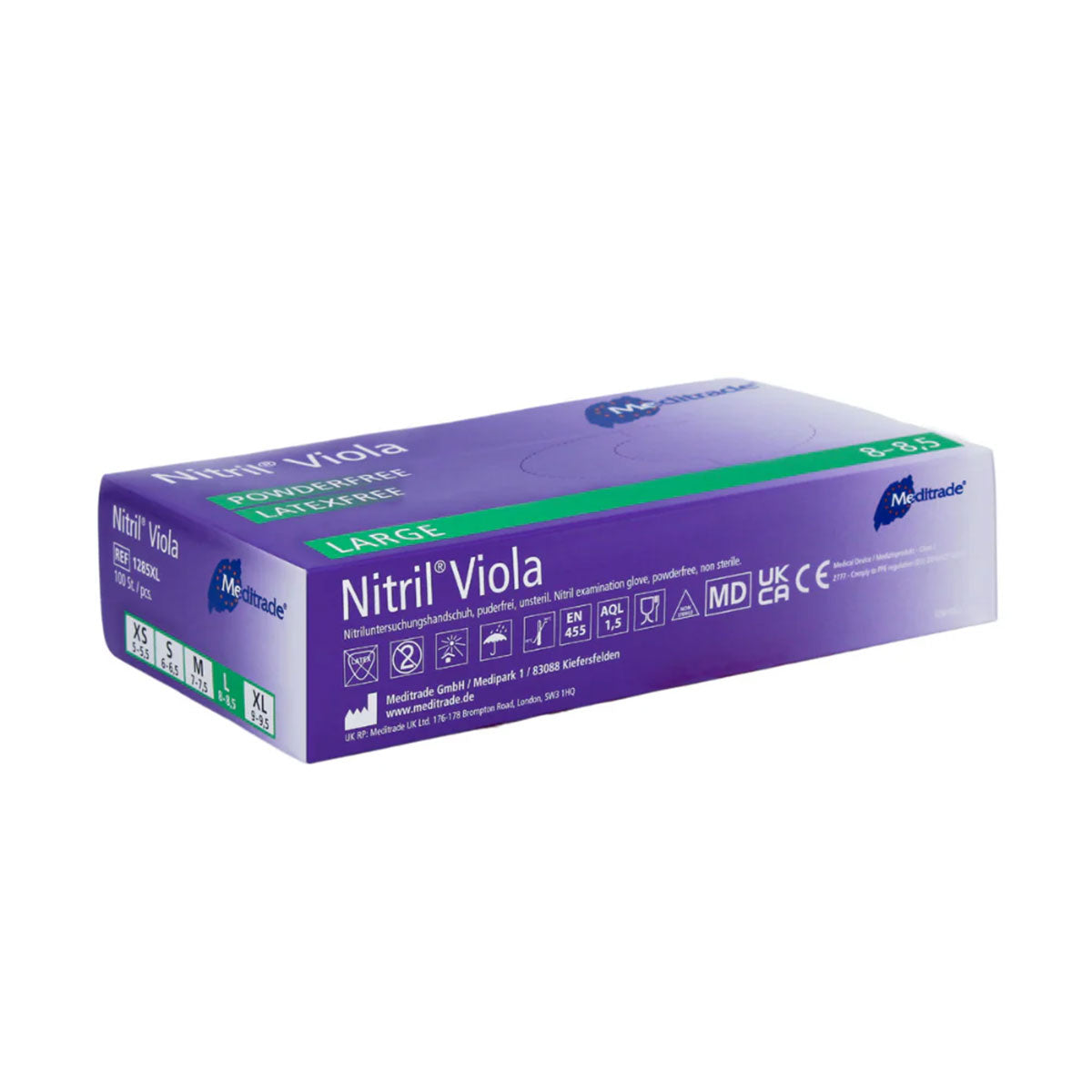 Verpackung der Meditrade Nitril® Viola Einmalhandschuhe in Größe L, in kräftigem Lila mit hervorgehobenen Sicherheitszertifizierungen und Produkteigenschaften.