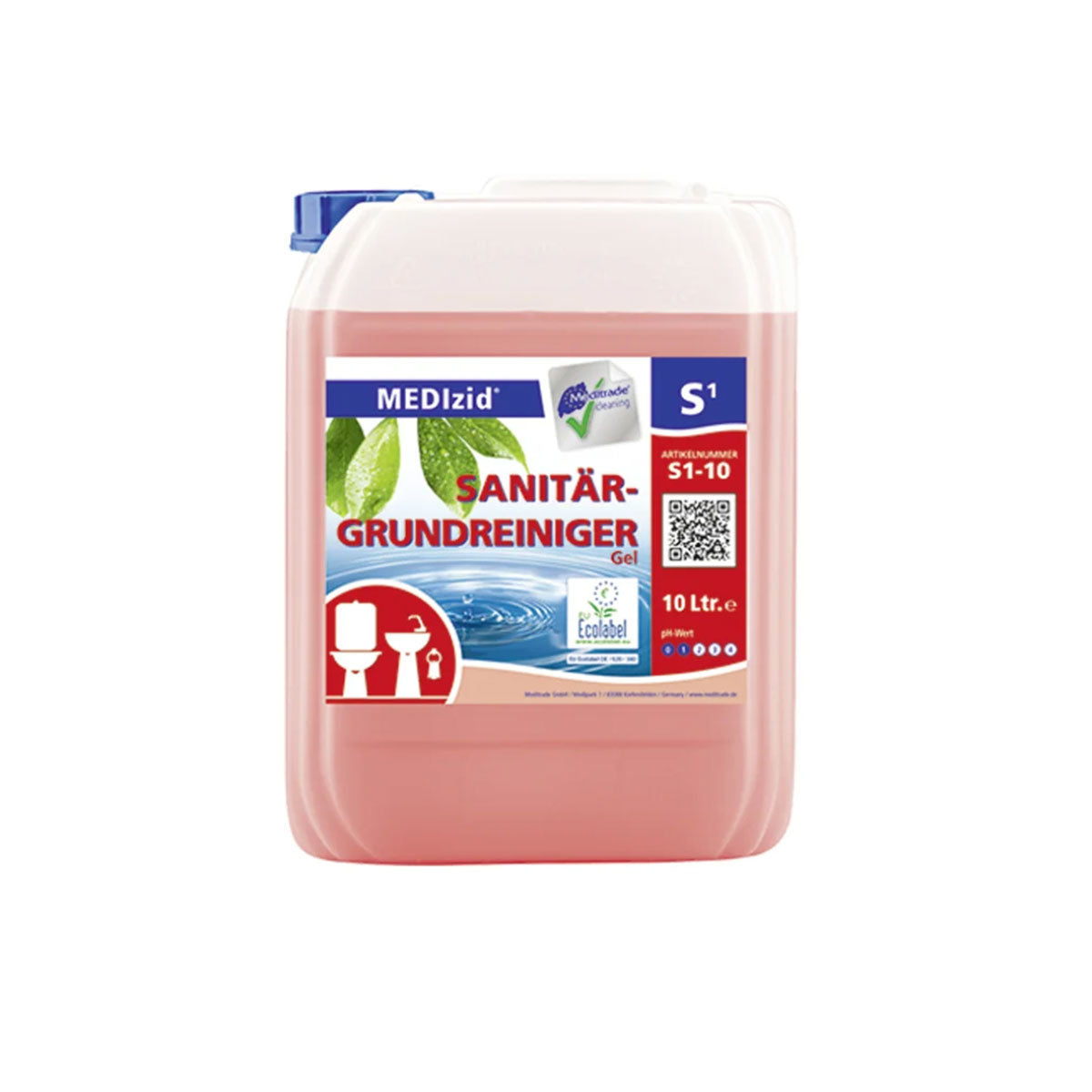 10-Liter-Kanister des MEDlzid Sanitär-Grundreiniger Gels, zertifiziert mit dem Ecolabel, ideal für die gründliche Reinigung von sanitären Einrichtungen.