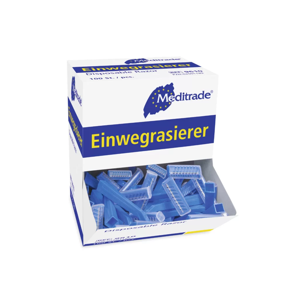 Verpackung der Meditrade Einwegrasierer, 100 Stück, blaue Rasierer in einer weißen Box.