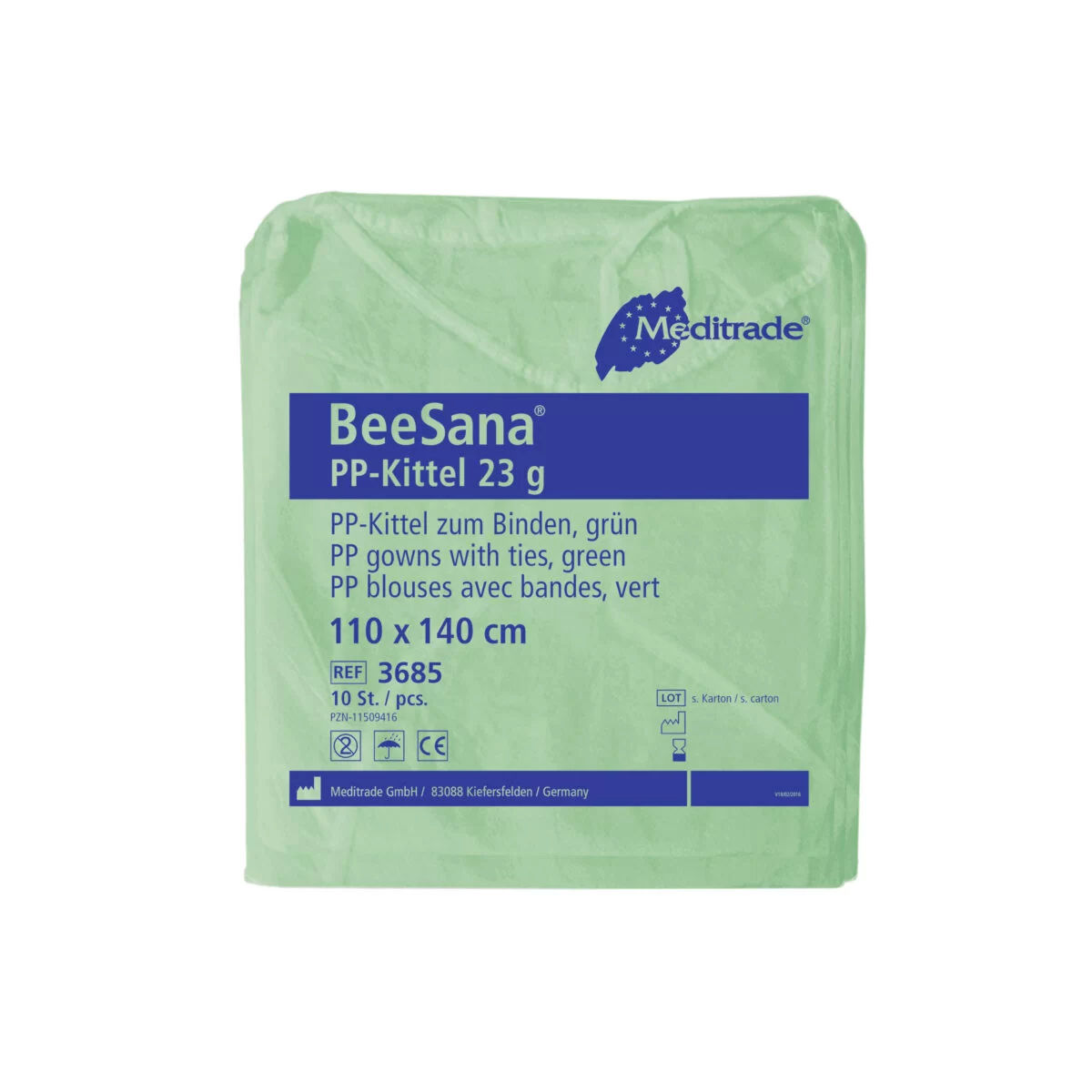 BeeSana® PP-Kittel 23 g, grüner Einwegkittel zum Binden, 110 x 140 cm, 10 Stück pro Packung